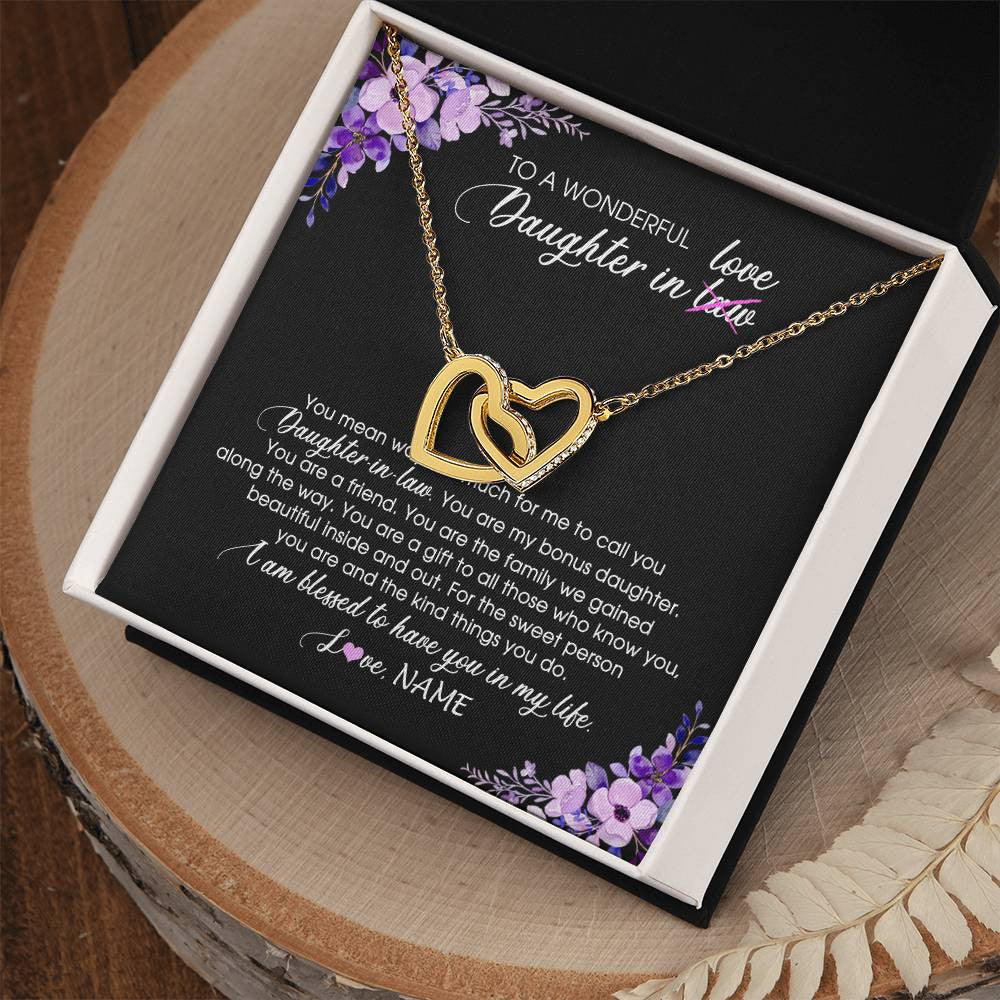 Interlocking Hearts Necklace 18K Yellow Gold Finish | Personalized To My Daughter In Law Necklace from Mother In Law You Are My Bonus Daughter Jewelry Birthday Wedding Day Christmas Customized Message Card | siriusteestore