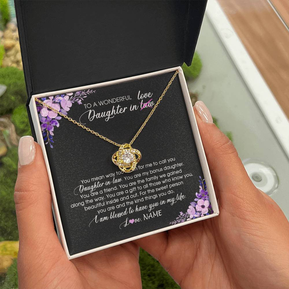 Love Knot Necklace 18K Yellow Gold Finish | Personalized To My Daughter In Law Necklace from Mother In Law You Are My Bonus Daughter Jewelry Birthday Wedding Day Christmas Customized Message Card | siriusteestore