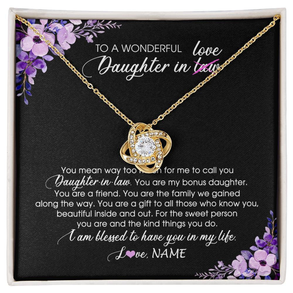 Love Knot Necklace 18K Yellow Gold Finish | Personalized To My Daughter In Law Necklace from Mother In Law You Are My Bonus Daughter Jewelry Birthday Wedding Day Christmas Customized Message Card | siriusteestore