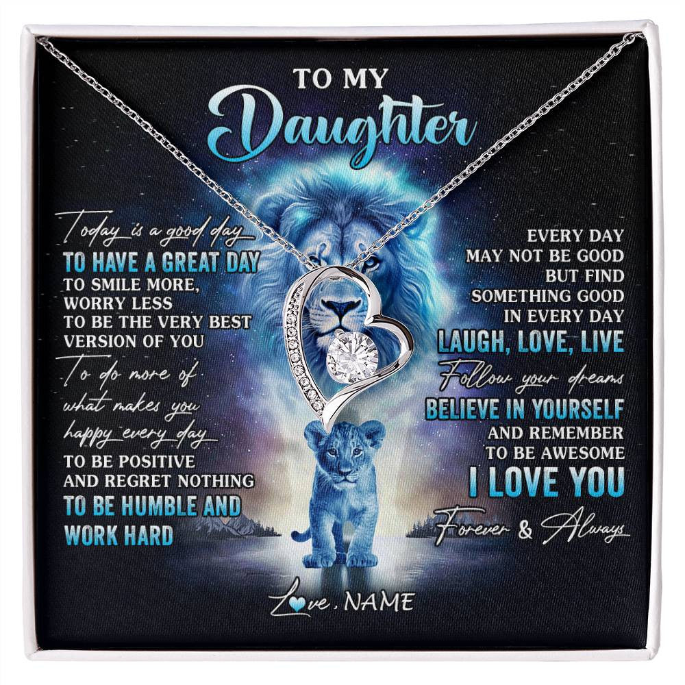 Forever Love Necklace 14K White Gold Finish | 1 | Personalized To My Daughter Lion Necklace From Dad Father Every Day Laugh Love Live Daughter Birthday Graduation Christmas Customized Gift Box Message Card | siriusteestore