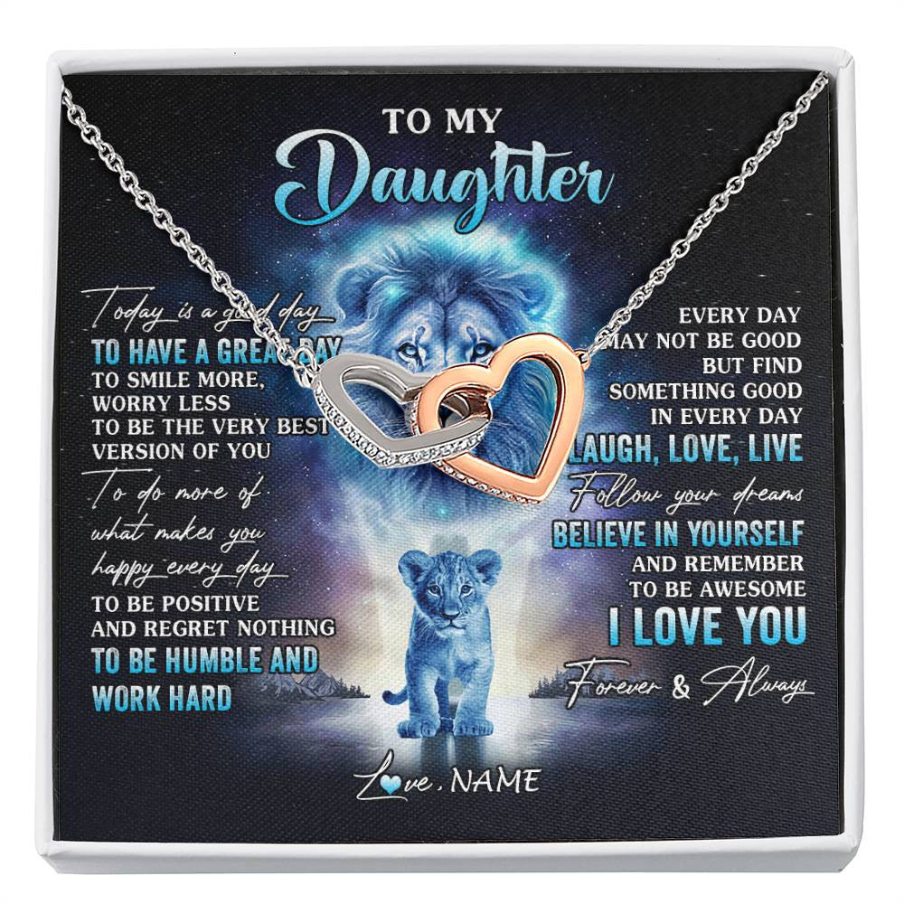 Interlocking Hearts Necklace Stainless Steel & Rose Gold Finish | 1 | Personalized To My Daughter Lion Necklace From Dad Father Every Day Laugh Love Live Daughter Birthday Graduation Christmas Customized Gift Box Message Card | siriusteestore