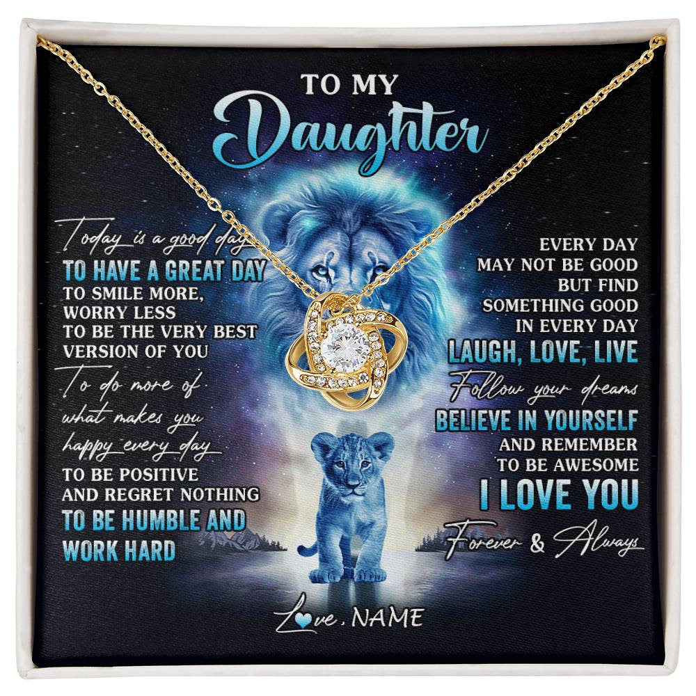 Love Knot Necklace 18K Yellow Gold Finish | 1 | Personalized To My Daughter Lion Necklace From Dad Father Every Day Laugh Love Live Daughter Birthday Graduation Christmas Customized Gift Box Message Card | siriusteestore