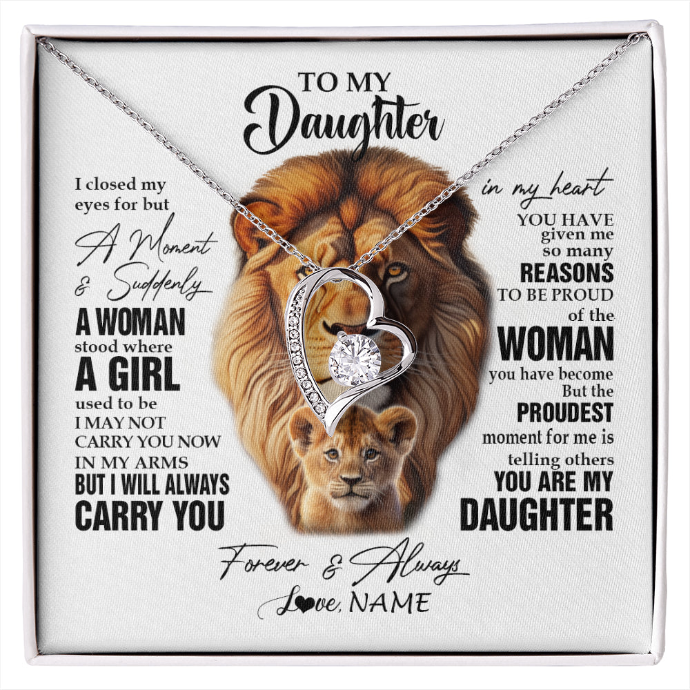 Forever Love Necklace 14K White Gold Finish | 1 | Personalized To My Daughter Lion Necklace From Dad Father I Closed My Eyes Great Daughter Birthday Gifts Graduation Christmas Customized Gift Box Message Card | siriusteestore