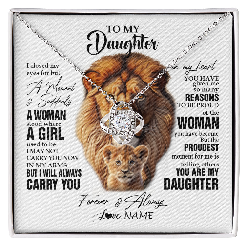 Love Knot Necklace 14K White Gold Finish | 1 | Personalized To My Daughter Lion Necklace From Dad Father I Closed My Eyes Great Daughter Birthday Gifts Graduation Christmas Customized Gift Box Message Card | siriusteestore