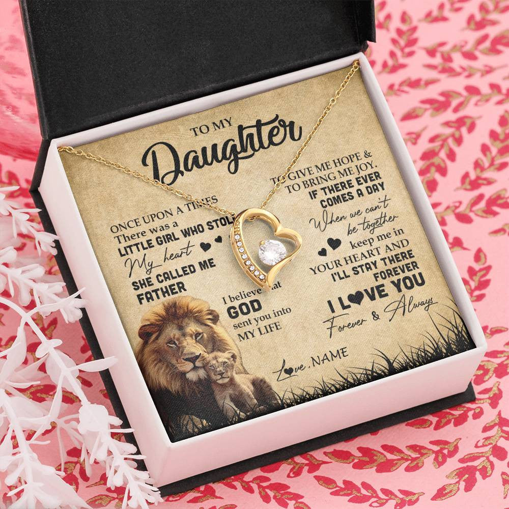 Forever Love Necklace 18K Yellow Gold Finish | Personalized To My Daughter Lion Necklace From Dad Father I'll Stay There Forever Daughter Birthday Graduation Christmas Customized Gift Box Message Card | siriusteestore