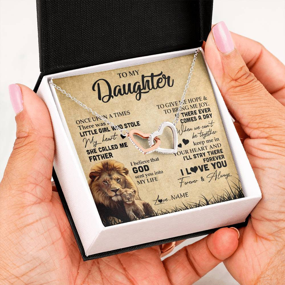 Interlocking Hearts Necklace | Personalized To My Daughter Lion Necklace From Dad Father I'll Stay There Forever Daughter Birthday Graduation Christmas Customized Gift Box Message Card | siriusteestore