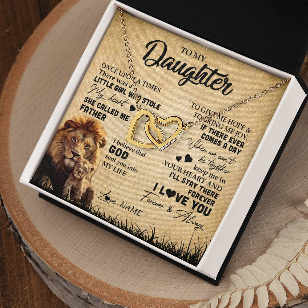 Interlocking Hearts Necklace 18K Yellow Gold Finish | Personalized To My Daughter Lion Necklace From Dad Father I'll Stay There Forever Daughter Birthday Graduation Christmas Customized Gift Box Message Card | siriusteestore