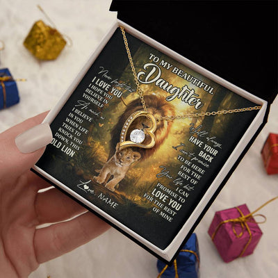 Forever Love Necklace 18K Yellow Gold Finish | 2 | Personalized To My Daughter Lion Necklace From Dad Father Never Forget That I Love You Daughter Birthday Graduation Christmas Customized Gift Box Message Card | siriusteestore