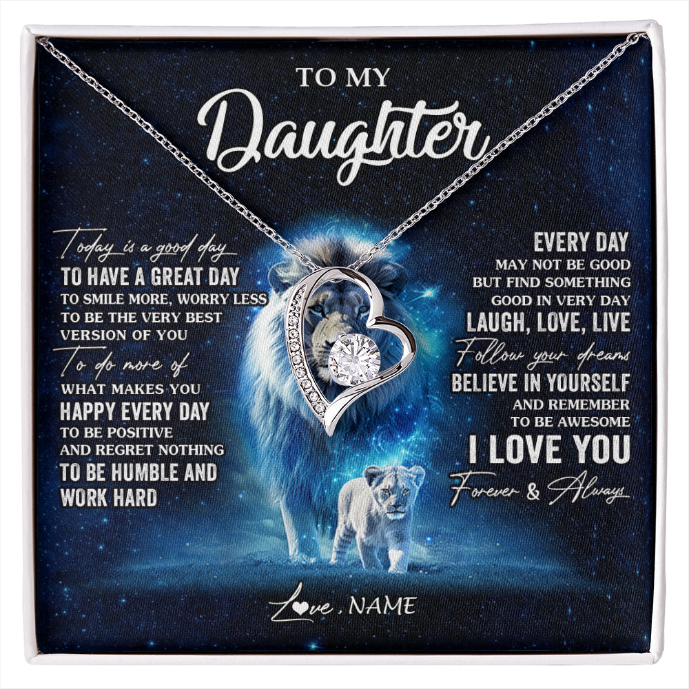 Forever Love Necklace 14K White Gold Finish | 1 | Personalized To My Daughter Lion Necklace From Dad Father Today Is A Good Day Daughter Gifts Birthday Graduation Christmas Customized Gift Box Message Card | siriusteestore