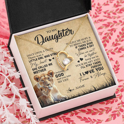 Forever Love Necklace 18K Yellow Gold Finish | Personalized To My Daughter Lion Necklace From Mom Mother I'll Stay There Forever Daughter Birthday Graduation Christmas Customized Gift Box Message Card | siriusteestore