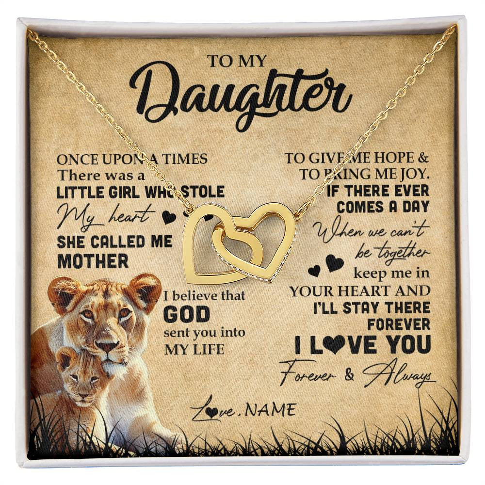 Interlocking Hearts Necklace 18K Yellow Gold Finish | Personalized To My Daughter Lion Necklace From Mom Mother I'll Stay There Forever Daughter Birthday Graduation Christmas Customized Gift Box Message Card | siriusteestore