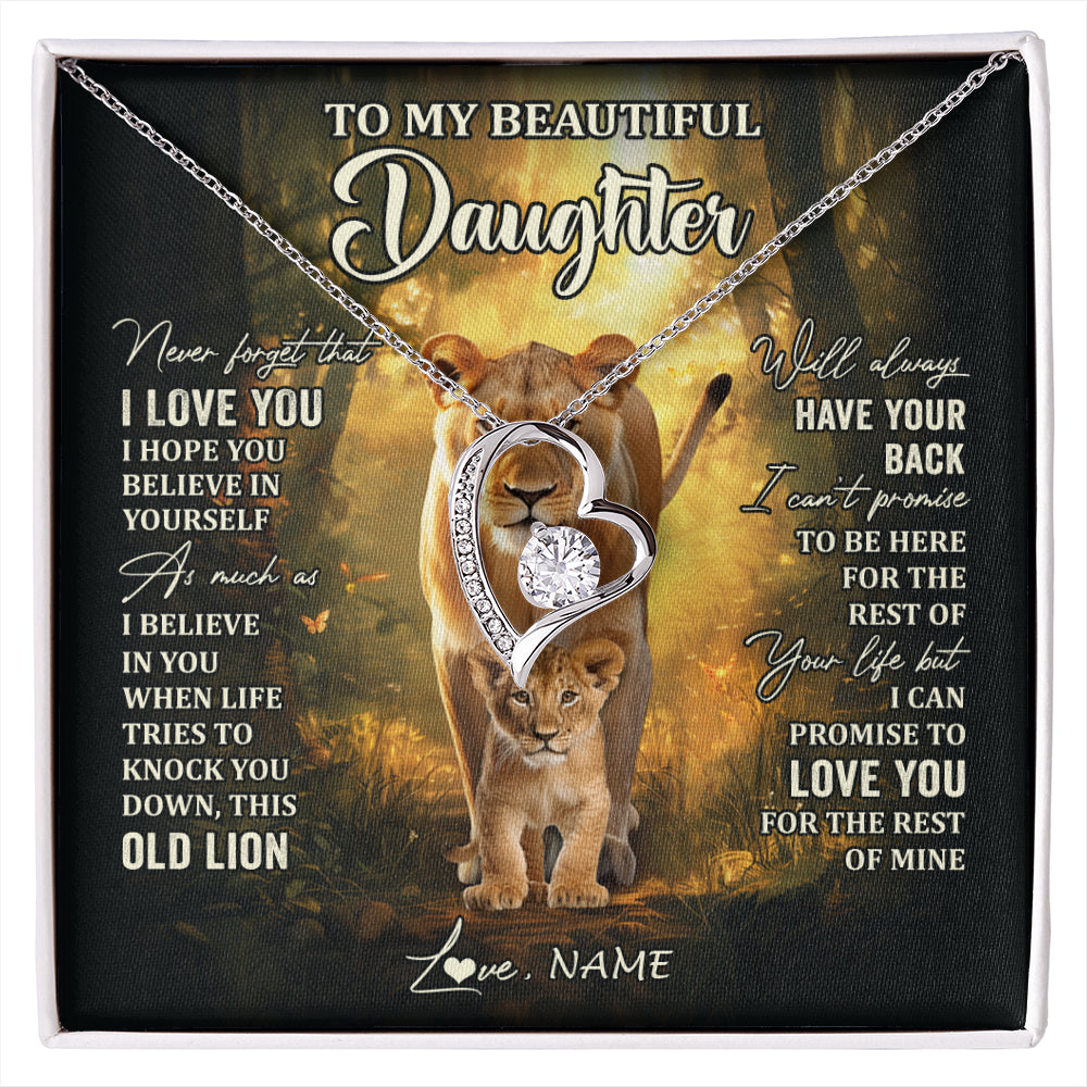 Forever Love Necklace 14K White Gold Finish | 1 | Personalized To My Daughter Lion Necklace From Mom Mother Never Forget That I Love You Daughter Birthday Graduation Christmas Customized Gift Box Message Card | siriusteestore