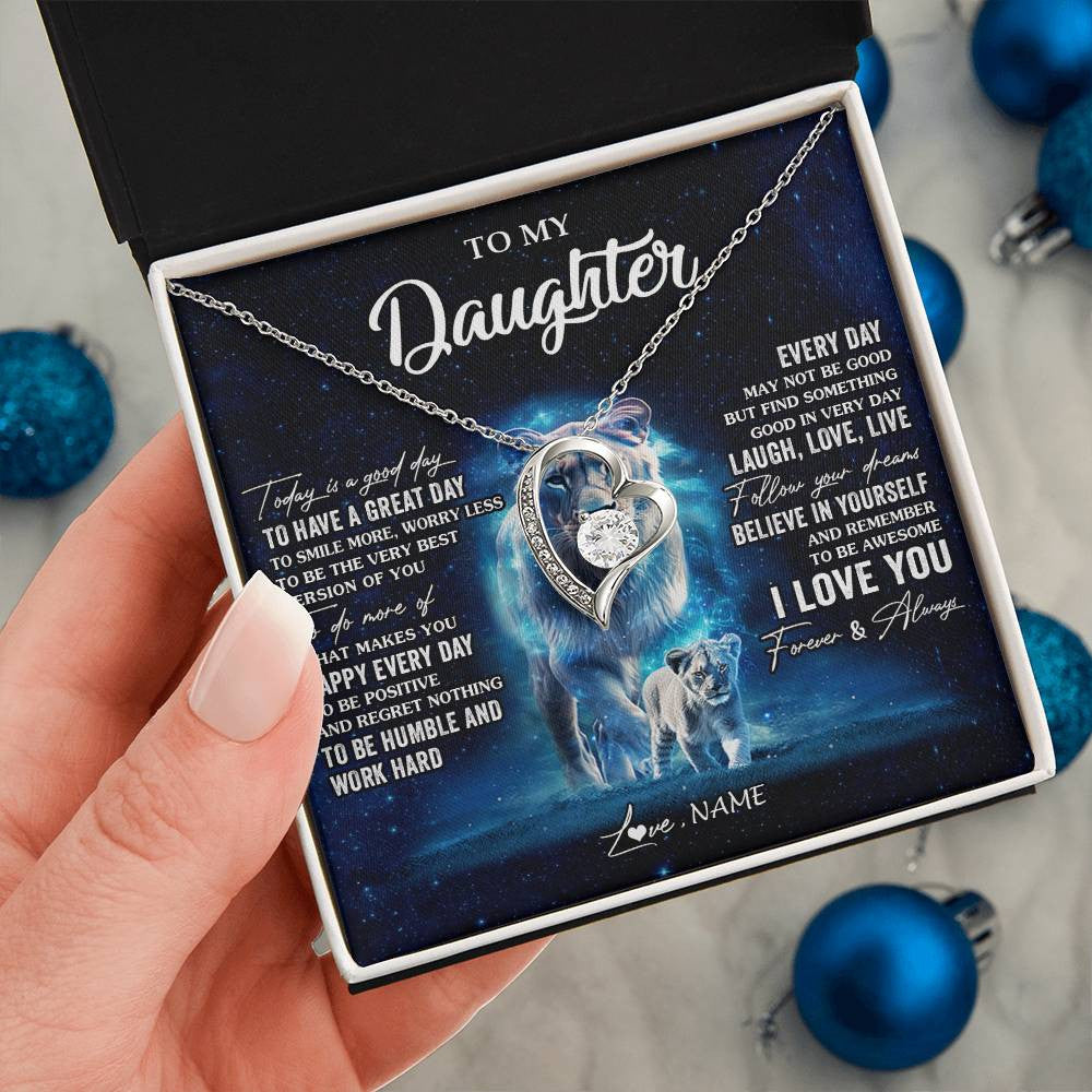 Forever Love Necklace 14K White Gold Finish | 2 | Personalized To My Daughter Lion Necklace From Mom Mother Today Is A Good Day Daughter Gifts Birthday Graduation Christmas Customized Gift Box Message Card | siriusteestore