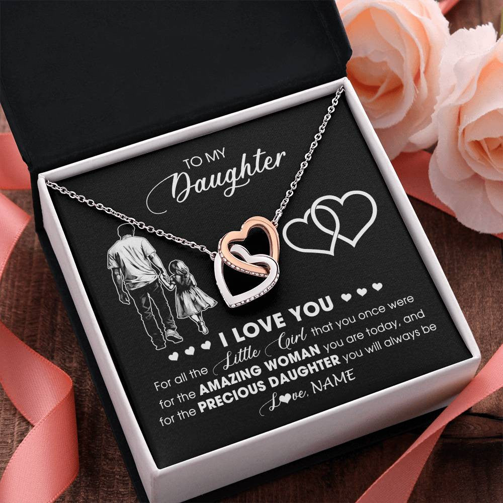 Interlocking Hearts Necklace Stainless Steel & Rose Gold Finish | 2 | Personalized To My Daughter Necklace From Dad Father I Love You Little Girl Daughter Birthday Graduation Christmas Jewelry Customized Gift Box Message Card | siriusteestore
