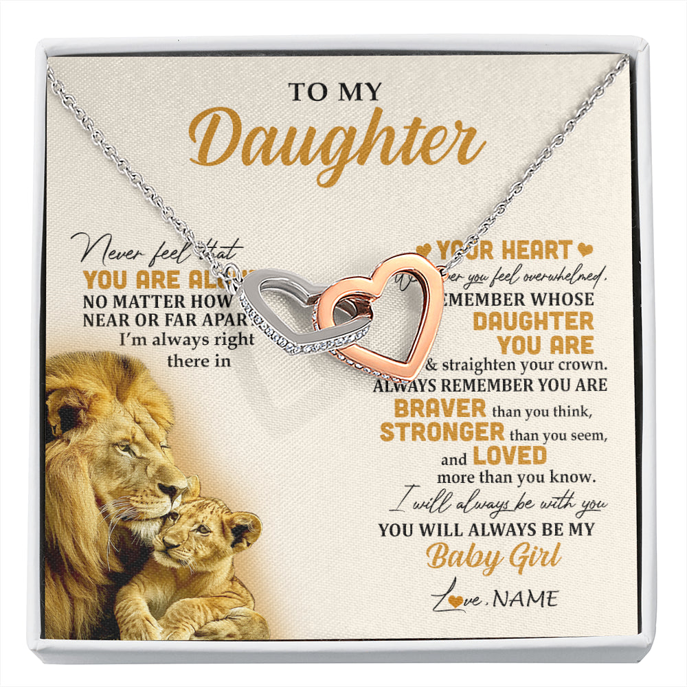 Interlocking Hearts Necklace Stainless Steel & Rose Gold Finish | 1 | Personalized To My Daughter Necklace From Dad Father Lion Never Feel That You Are Alone Great Daughter Birthday Christmas Customized Gift Box Message Card | siriusteestore
