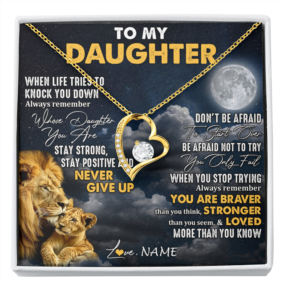 Forever Love Necklace 18K Yellow Gold Finish | 1 | Personalized To My Daughter Necklace From Dad Father Lion Never Give Up Daughter Birthday Graduation Jewelry Christmas Customized Gift Box Message Card | siriusteestore