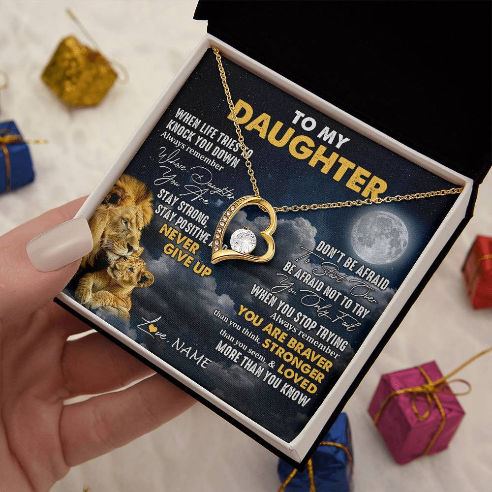 Forever Love Necklace 18K Yellow Gold Finish | 2 | Personalized To My Daughter Necklace From Dad Father Lion Never Give Up Daughter Birthday Graduation Jewelry Christmas Customized Gift Box Message Card | siriusteestore