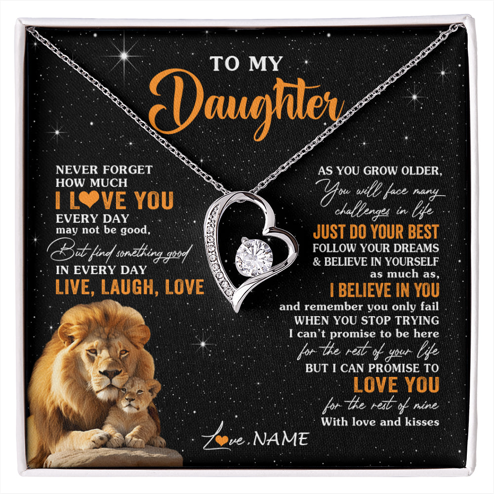 Forever Love Necklace 14K White Gold Finish | 1 | Personalized To My Daughter Necklace From Dad Father Live Laugh Love Lion Daughter Birthday Positive Graduation Christmas Customized Gift Box Message Card | siriusteestore