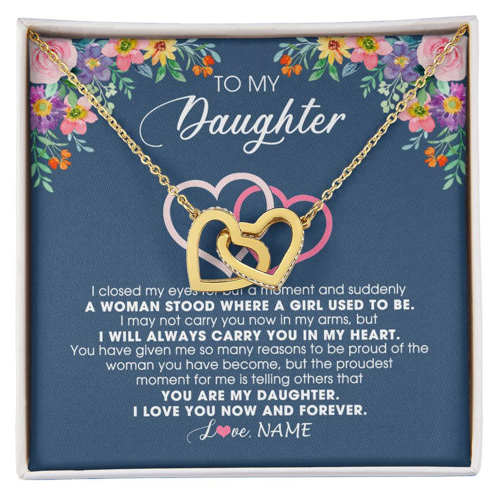 Interlocking Hearts Necklace 18K Yellow Gold Finish | Personalized To My Daughter Necklace From Dad Father Mom I Love You Now And Forever Jewelry For Daughter Birthday Graduation Christmas Customized Message Card | siriusteestore