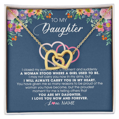 Interlocking Hearts Necklace 18K Yellow Gold Finish | Personalized To My Daughter Necklace From Dad Father Mom I Love You Now And Forever Jewelry For Daughter Birthday Graduation Christmas Customized Message Card | siriusteestore