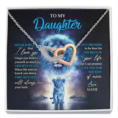 Interlocking Hearts Necklace Stainless Steel & Rose Gold Finish | 1 | Personalized To My Daughter Necklace From Dad Father Never Forget I Love You Lion Daughter Jewelry Birthday Graduation Christmas Customized Message Card | siriusteestore