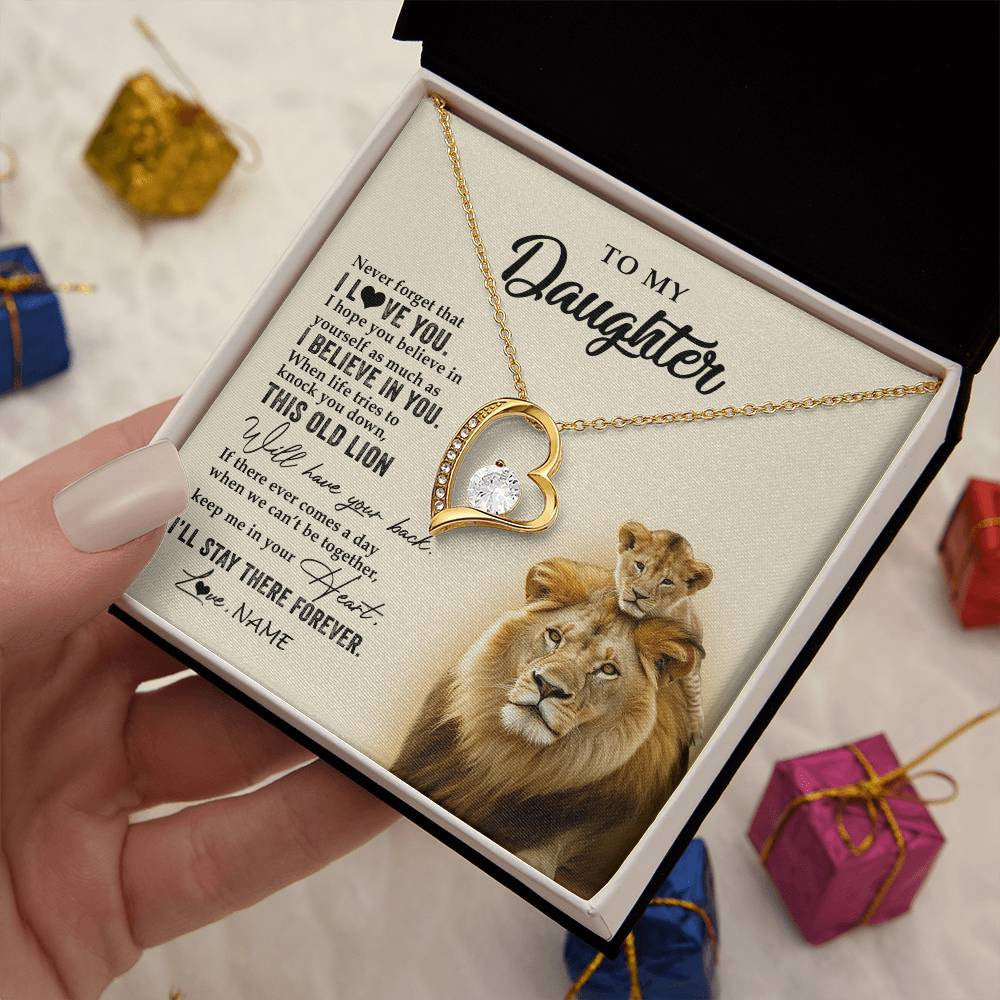 Forever Love Necklace 18K Yellow Gold Finish | 2 | Personalized To My Daughter Necklace From Dad Father This Old Lion Never Forget I Love You Daughter Jewelry Birthday Christmas Customized Gift Box Message Card | siriusteestore