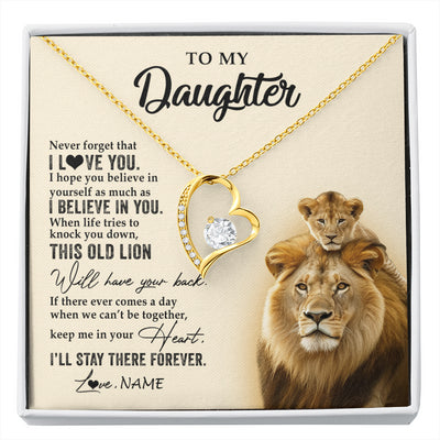 Forever Love Necklace 18K Yellow Gold Finish | 1 | Personalized To My Daughter Necklace From Dad Father This Old Lion Never Forget I Love You Daughter Jewelry Birthday Christmas Customized Gift Box Message Card | siriusteestore