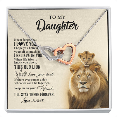 Interlocking Hearts Necklace Stainless Steel & Rose Gold Finish | 1 | Personalized To My Daughter Necklace From Dad Father This Old Lion Never Forget I Love You Daughter Jewelry Birthday Christmas Customized Gift Box Message Card | siriusteestore