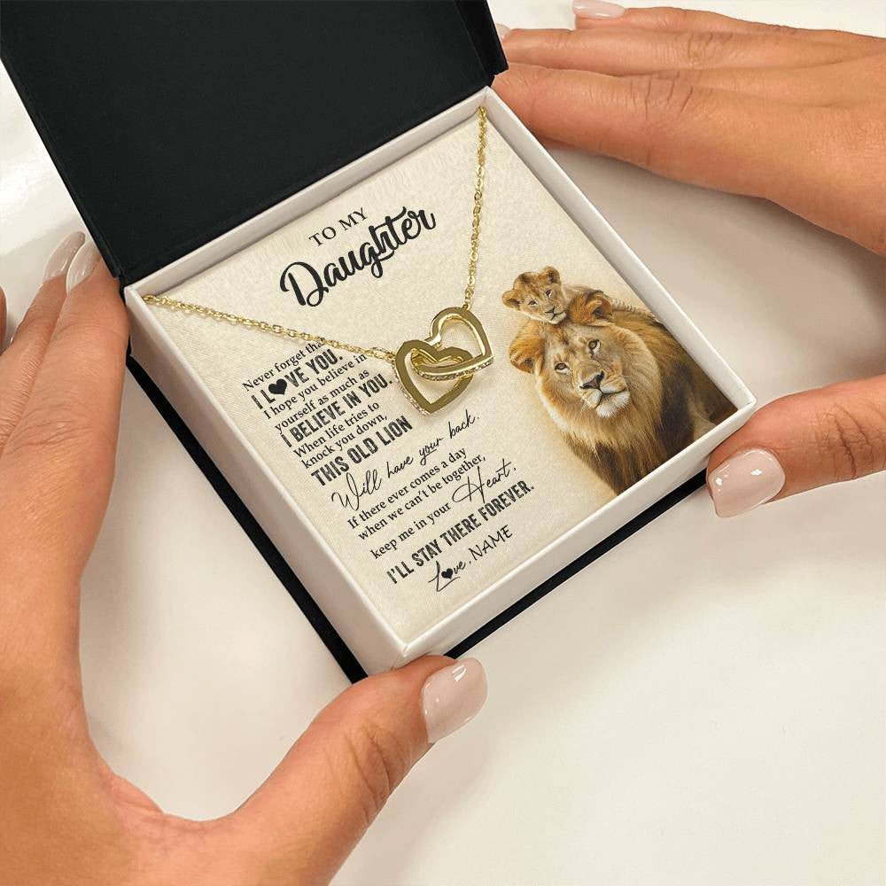 Interlocking Hearts Necklace 18K Yellow Gold Finish | 2 | Personalized To My Daughter Necklace From Dad Father This Old Lion Never Forget I Love You Daughter Jewelry Birthday Christmas Customized Gift Box Message Card | siriusteestore