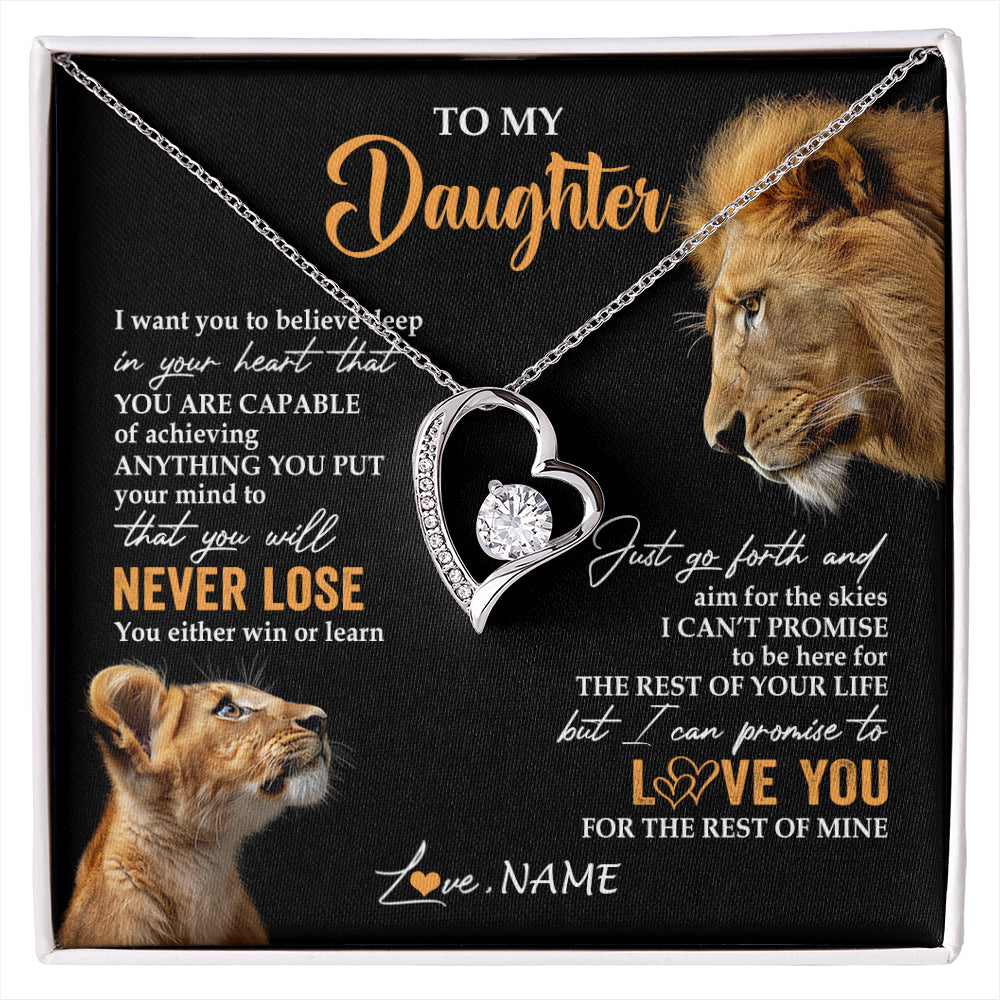 Forever Love Necklace 14K White Gold Finish | 1 | Personalized To My Daughter Necklace From Dad Father You Will Never Lose Lion Daughter Birthday Gifts Graduation Christmas Customized Gift Box Message Card | siriusteestore