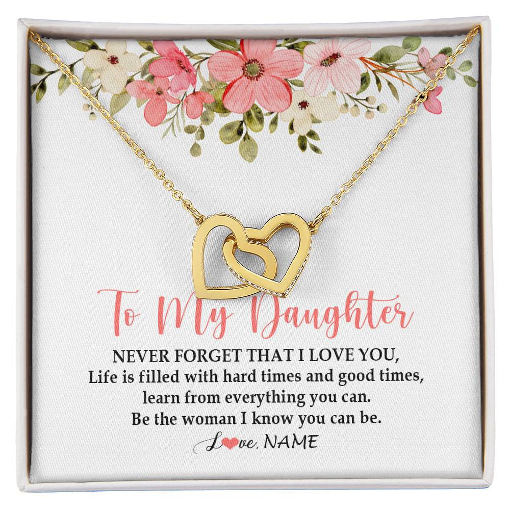 Interlocking Hearts Necklace 18K Yellow Gold Finish | Personalized To My Daughter Necklace From Dad Mom Never Forget That I Love You Daughter Jewelry Birthday Graduation Christmas Customized Gift Box Message Card | siriusteestore