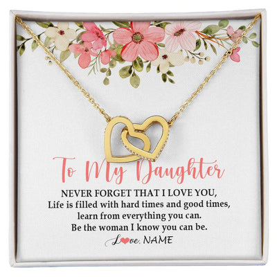 Interlocking Hearts Necklace 18K Yellow Gold Finish | Personalized To My Daughter Necklace From Dad Mom Never Forget That I Love You Daughter Jewelry Birthday Graduation Christmas Customized Gift Box Message Card | siriusteestore