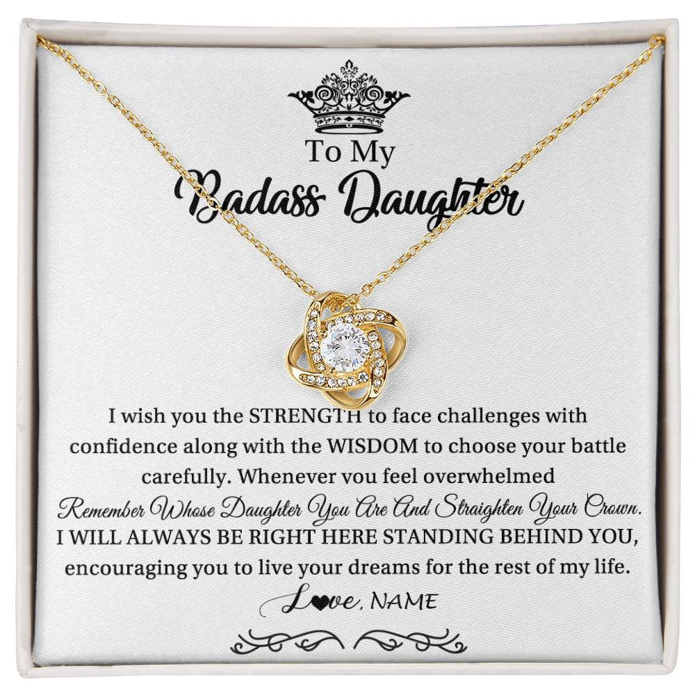 Love Knot Necklace 18K Yellow Gold Finish | Personalized To My Daughter Necklace From Dad Mom Straighten Your Crown Daughter Jewelry Birthday Graduation Christmas Customized Gift Box Message Card | siriusteestore
