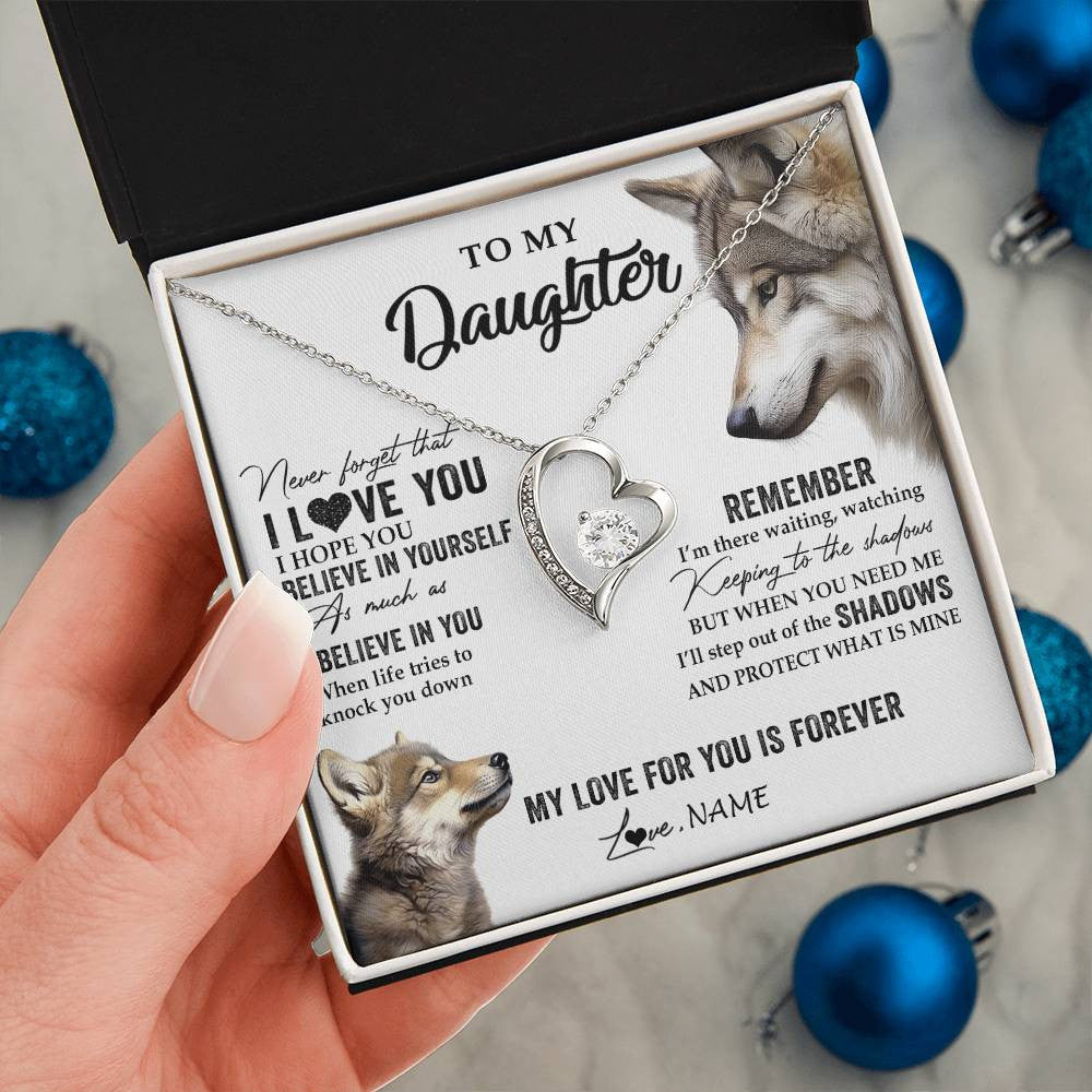 Forever Love Necklace 14K White Gold Finish | 2 | Personalized To My Daughter Necklace From Dad Mom Wolf My Love For You Is Forever Daughter Birthday Graduation Christmas Customized Gift Box Message Card | siriusteestore