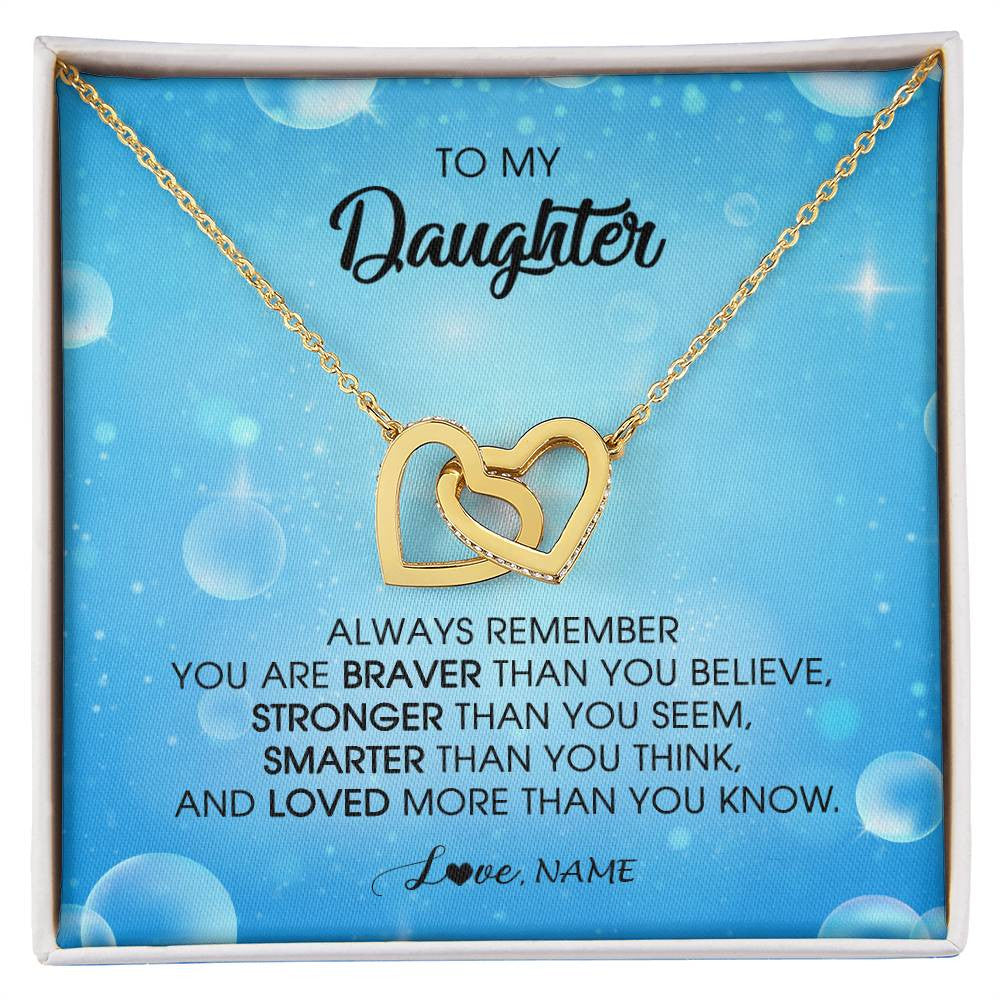 Interlocking Hearts Necklace 18K Yellow Gold Finish | Personalized To My Daughter Necklace From Mom Dad Always Remember You Are Braver Daughter Jewelry Birthday Graduation Christmas Customized Message Card | siriusteestore