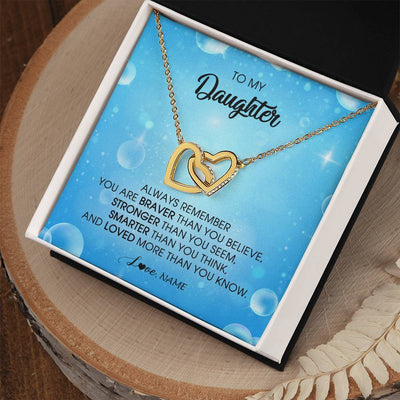 Interlocking Hearts Necklace 18K Yellow Gold Finish | Personalized To My Daughter Necklace From Mom Dad Always Remember You Are Braver Daughter Jewelry Birthday Graduation Christmas Customized Message Card | siriusteestore
