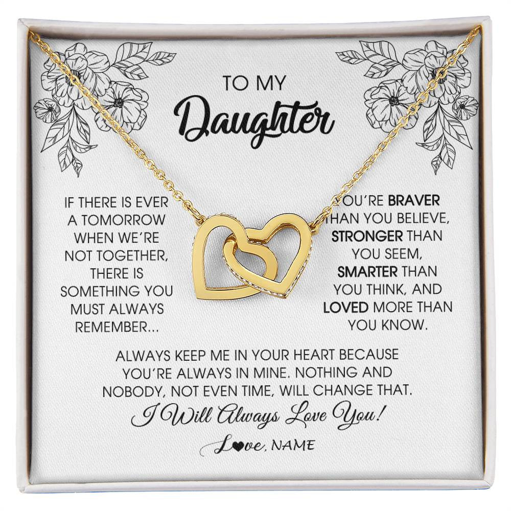 Interlocking Hearts Necklace 18K Yellow Gold Finish | Personalized To My Daughter Necklace From Mom Dad Father You're Braver Stronger Smarter Daughter Birthday Christmas Customized Jewelry Gift Box Message Card | siriusteestore