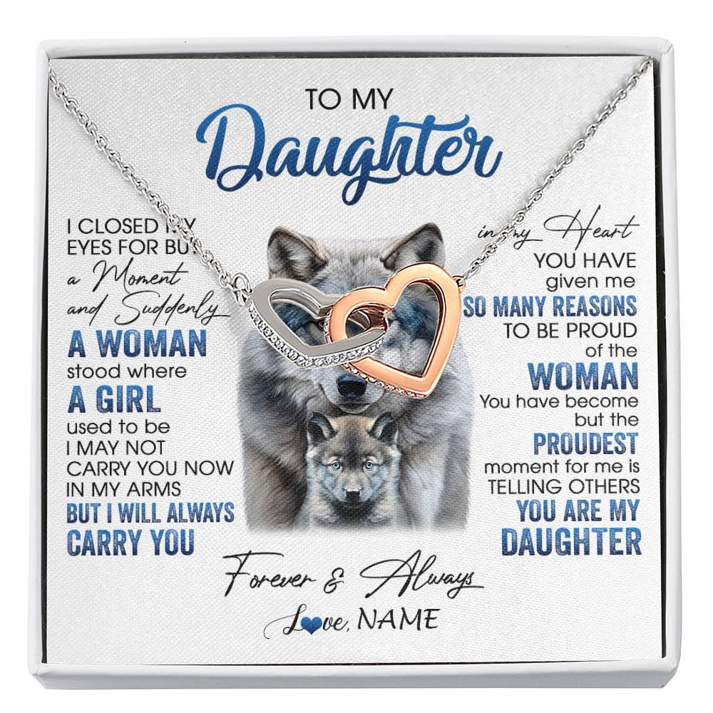 Interlocking Hearts Necklace Stainless Steel & Rose Gold Finish | 1 | Personalized To My Daughter Necklace From Mom Dad I Close My Eyes For But A Moment Wolf Daughter Birthday Gifts Christmas Customized Gift Box Message Card | siriusteestore