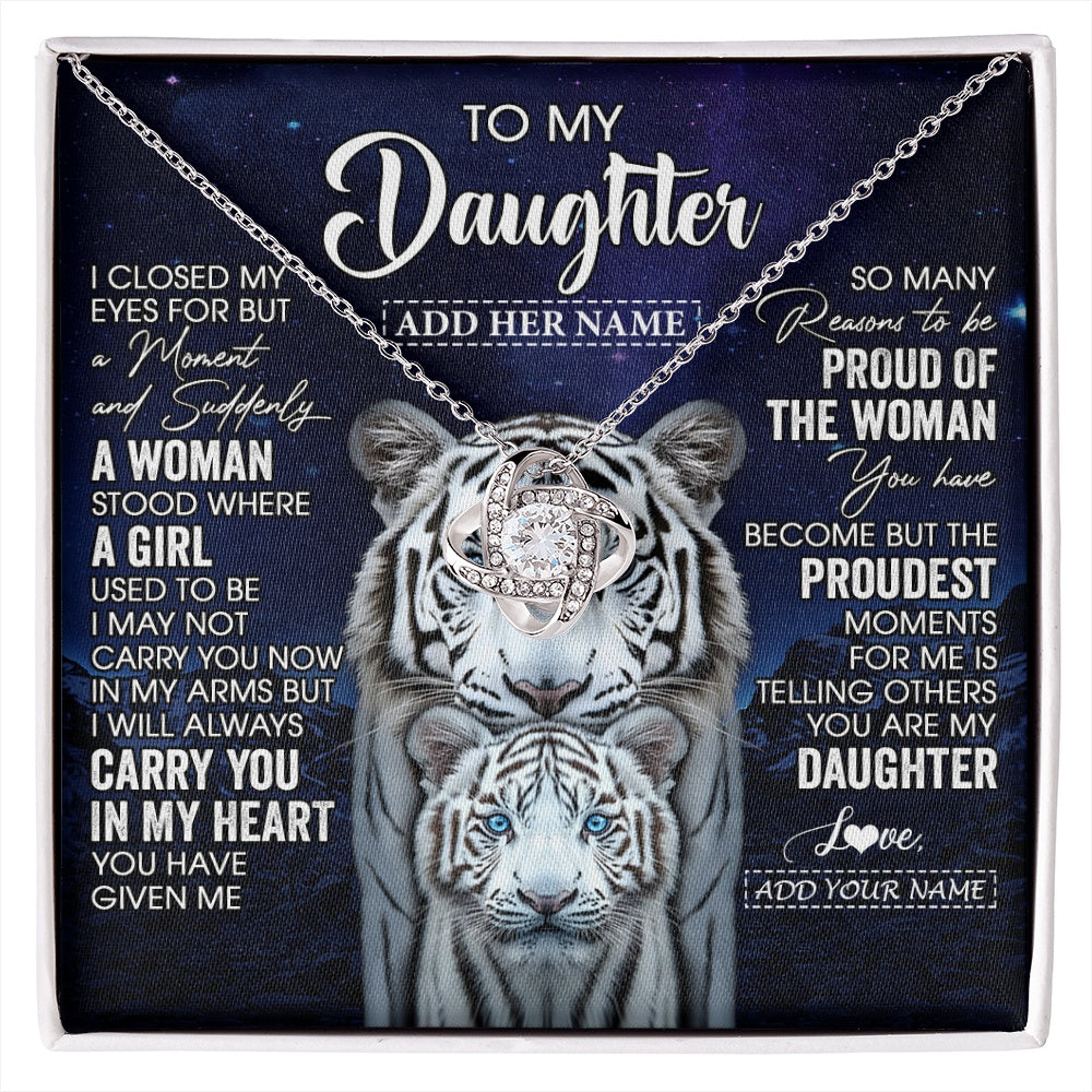 Love Knot Necklace 14K White Gold Finish | 1 | Personalized To My Daughter Necklace From Mom Dad I Close My Eyes White Tiger Daughter Birthday Gift Graduation Christmas Jewelry Gift Box Message Card | https://siriusteestore.