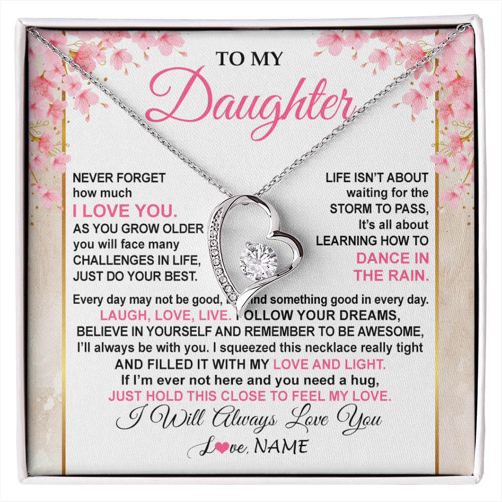 Forever Love Necklace 14K White Gold Finish | 1 | Personalized To My Daughter Necklace From Mom Dad Inspirational I Love You Daughter Birthday Jewelry Graduation Christmas Customized Gift Box Message Card | siriusteestore
