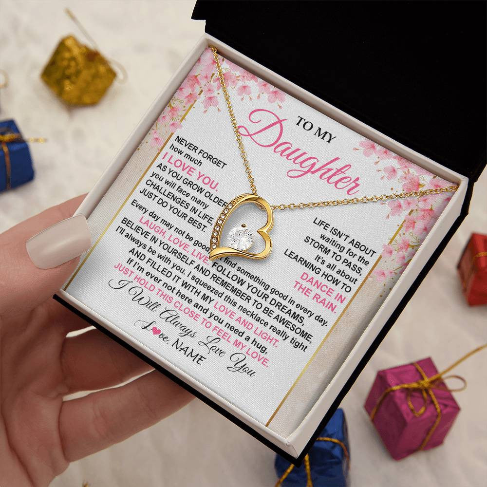 Forever Love Necklace 18K Yellow Gold Finish | 2 | Personalized To My Daughter Necklace From Mom Dad Inspirational I Love You Daughter Birthday Jewelry Graduation Christmas Customized Gift Box Message Card | siriusteestore