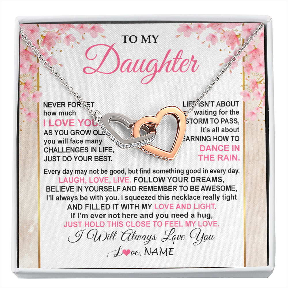 Interlocking Hearts Necklace Stainless Steel & Rose Gold Finish | 1 | Personalized To My Daughter Necklace From Mom Dad Inspirational I Love You Daughter Birthday Jewelry Graduation Christmas Customized Gift Box Message Card | siriusteestore