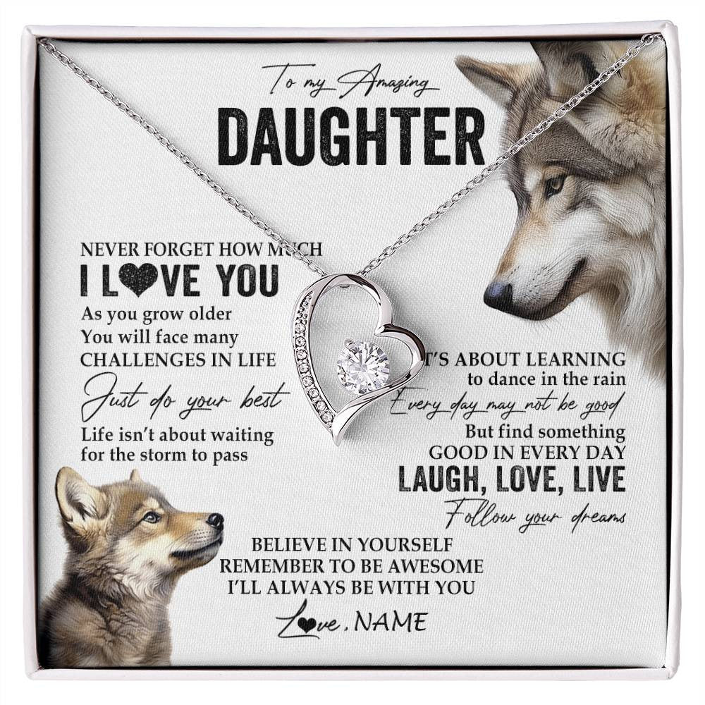 Forever Love Necklace 14K White Gold Finish | 1 | Personalized To My Daughter Necklace From Mom Dad Just Do You Best Laugh Love Live Wolf Daughter Birthday Graduation Christmas Customized Gift Box Message Card | siriusteestore
