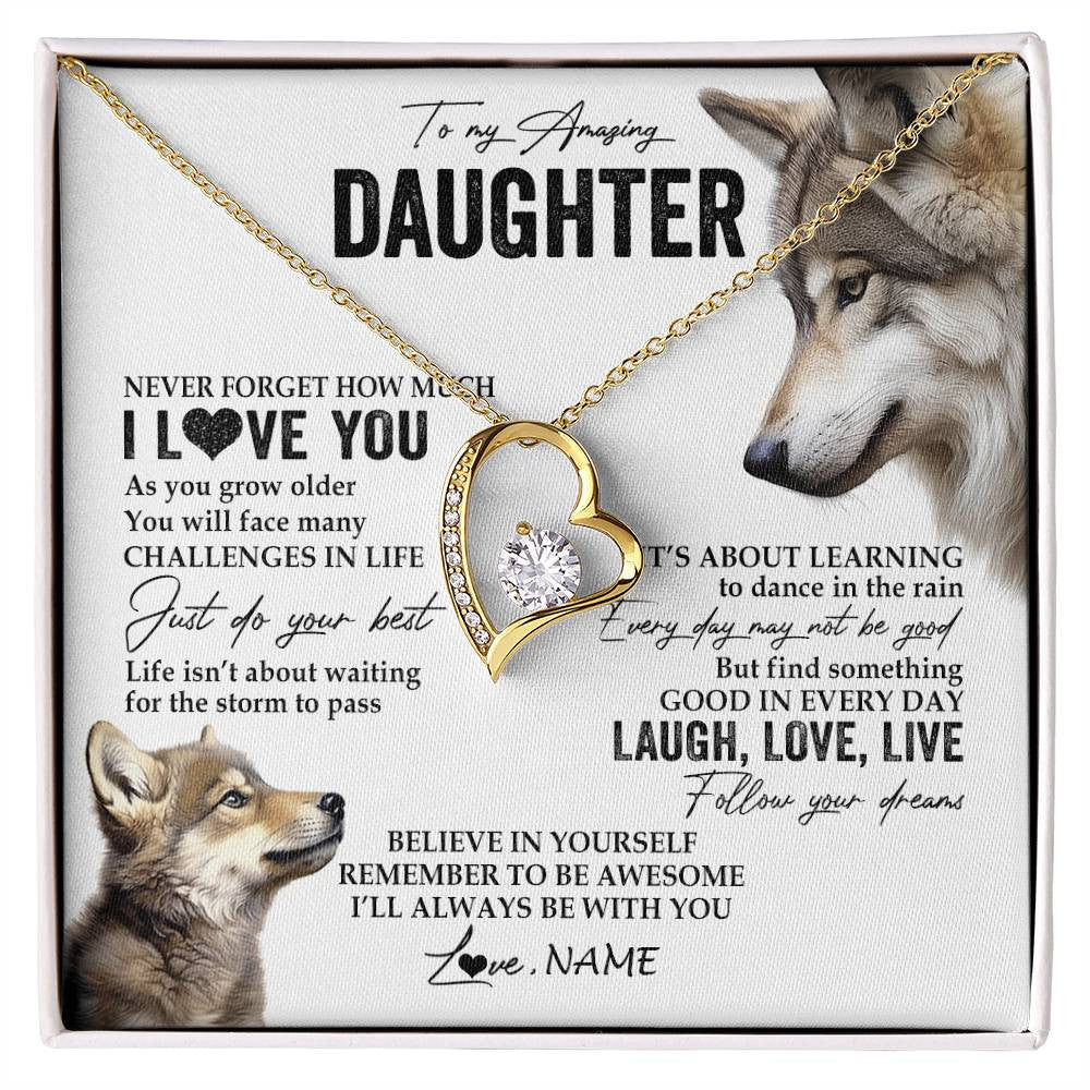 Forever Love Necklace 18K Yellow Gold Finish | 1 | Personalized To My Daughter Necklace From Mom Dad Just Do You Best Laugh Love Live Wolf Daughter Birthday Graduation Christmas Customized Gift Box Message Card | siriusteestore