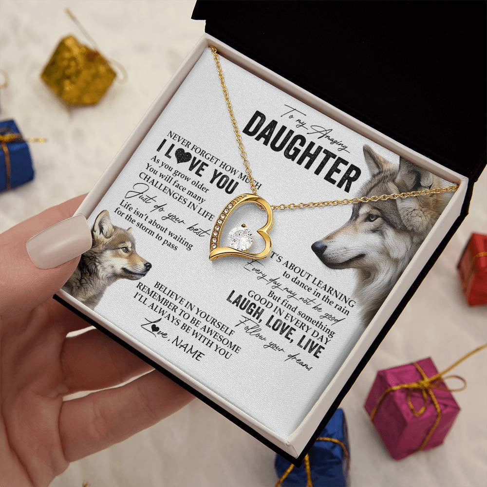 Forever Love Necklace 18K Yellow Gold Finish | 2 | Personalized To My Daughter Necklace From Mom Dad Just Do You Best Laugh Love Live Wolf Daughter Birthday Graduation Christmas Customized Gift Box Message Card | siriusteestore