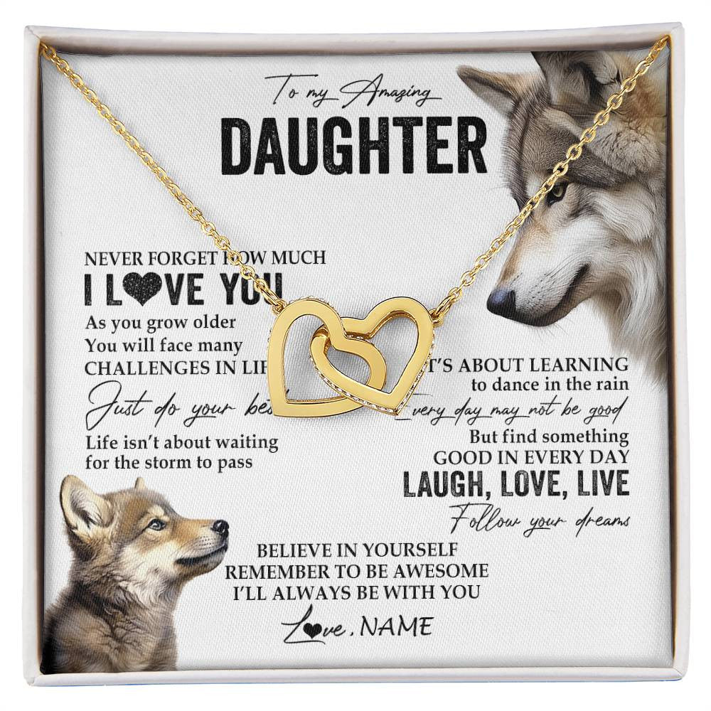 Interlocking Hearts Necklace 18K Yellow Gold Finish | 1 | Personalized To My Daughter Necklace From Mom Dad Just Do You Best Laugh Love Live Wolf Daughter Birthday Graduation Christmas Customized Gift Box Message Card | siriusteestore
