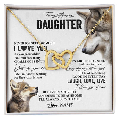 Interlocking Hearts Necklace 18K Yellow Gold Finish | 1 | Personalized To My Daughter Necklace From Mom Dad Just Do You Best Laugh Love Live Wolf Daughter Birthday Graduation Christmas Customized Gift Box Message Card | siriusteestore
