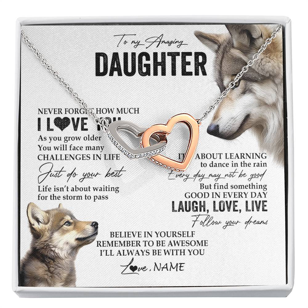 Interlocking Hearts Necklace Stainless Steel & Rose Gold Finish | 1 | Personalized To My Daughter Necklace From Mom Dad Just Do You Best Laugh Love Live Wolf Daughter Birthday Graduation Christmas Customized Gift Box Message Card | siriusteestore
