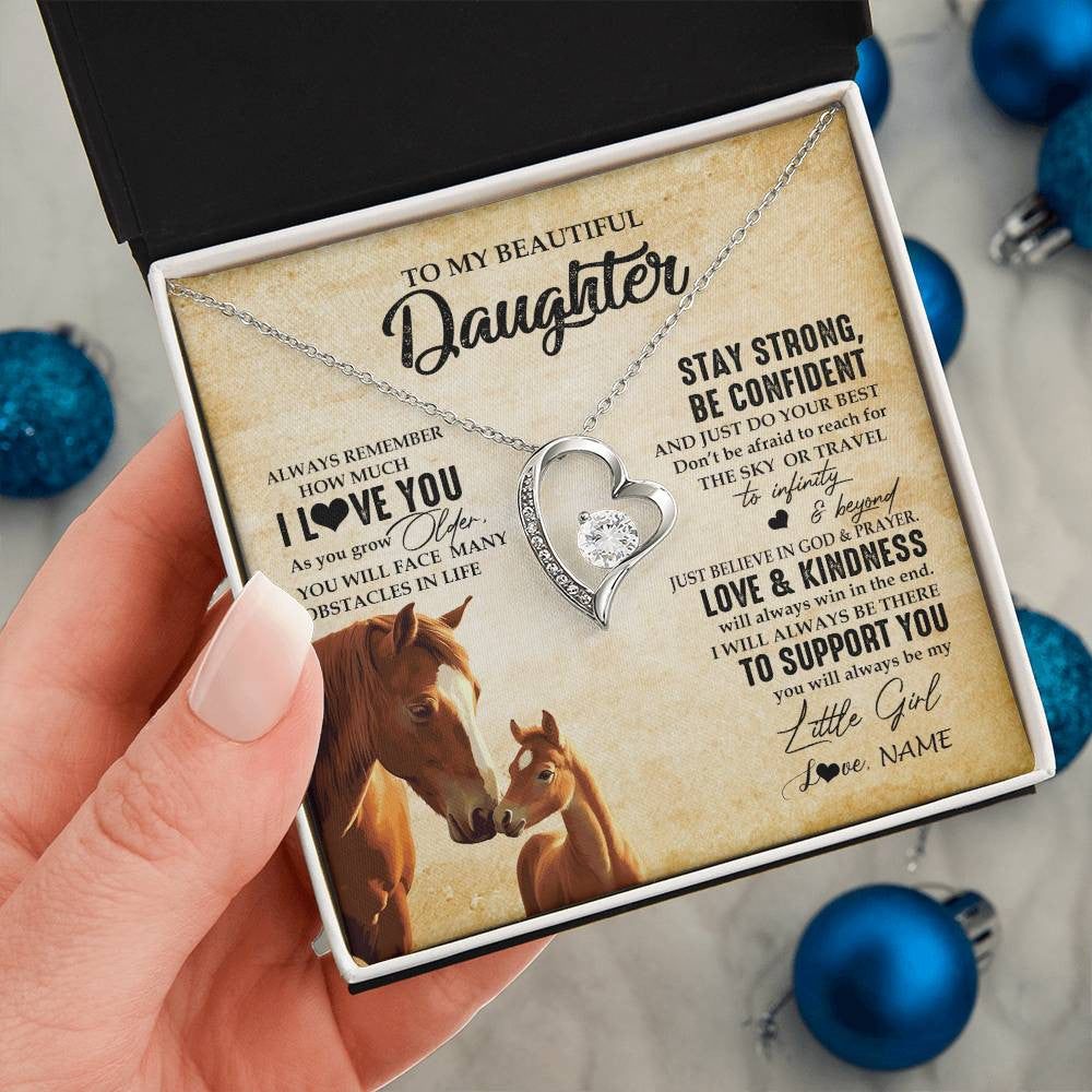 Forever Love Necklace 14K White Gold Finish | 2 | Personalized To My Daughter Necklace From Mom Dad Mother Always Remember I Love You Horse Daughter Birthday Jewelry Christmas Customized Gift Box Message Card | siriusteestore