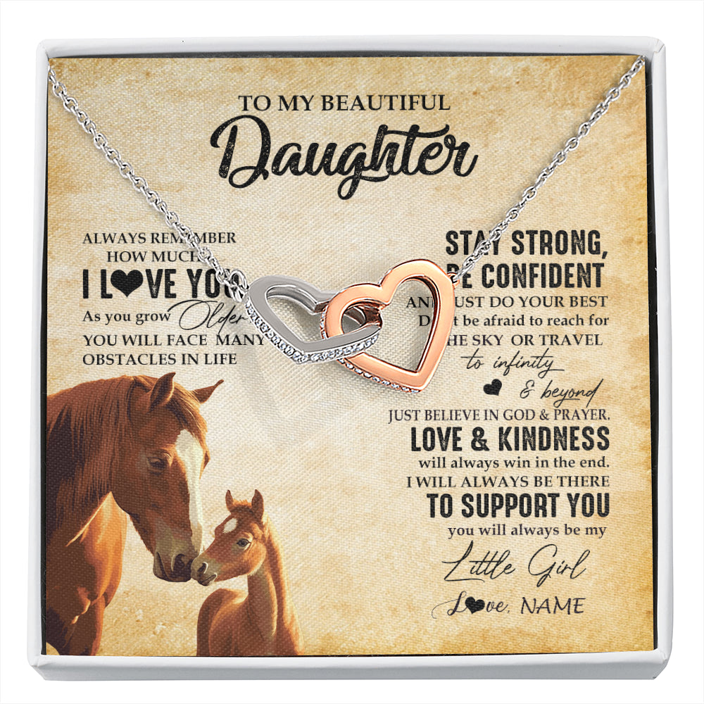 Interlocking Hearts Necklace Stainless Steel & Rose Gold Finish | 1 | Personalized To My Daughter Necklace From Mom Dad Mother Always Remember I Love You Horse Daughter Birthday Jewelry Christmas Customized Gift Box Message Card | siriusteestore